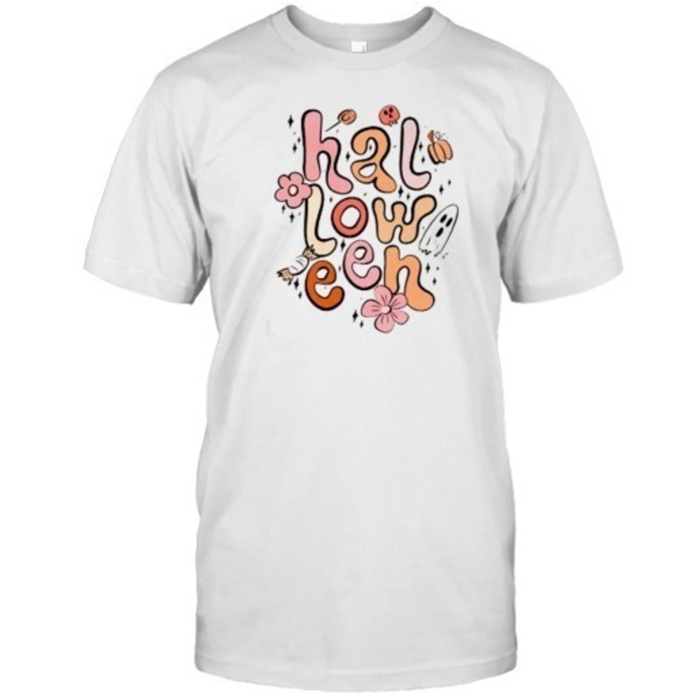 Flower And Cute Ghost Halloween T-Shirt - Picture 1 of 4